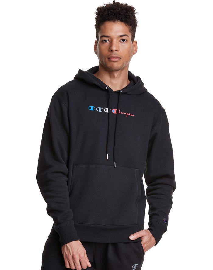 Champion Mens Hoodie NZ - Classic Fleece Triple Logo Black ( 8201-ZUEWQ )